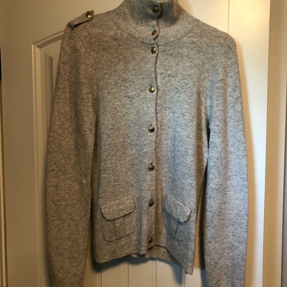 J Crew military style grey cashmere sweater.